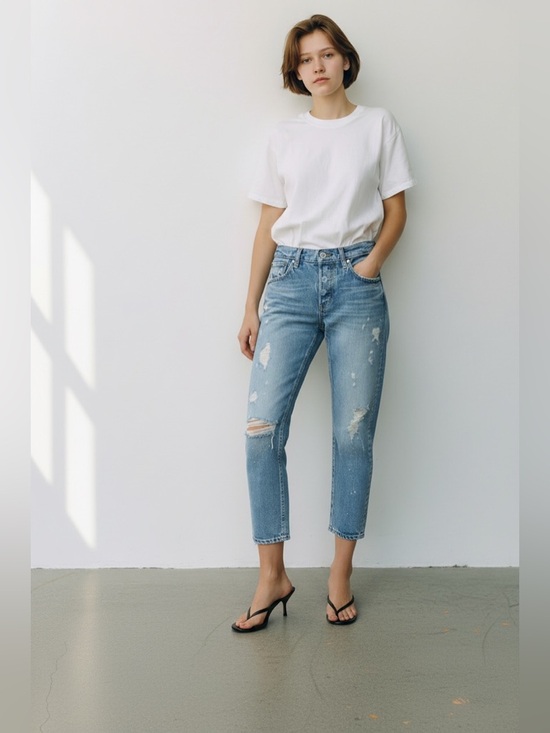 Moussy Denim - MOUSSY Vintage Aberdeen Tapered distressed jeans in blue cotton denim